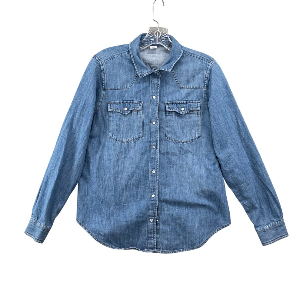 Old Navy Western Denim Shirt Womens Medium Blue Pearl Snap Y2K‎ Academia Rodeo